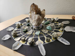 A crystal grid for abundance and prosperity made of citrine, pyrite, green aventurine, and clear quartz